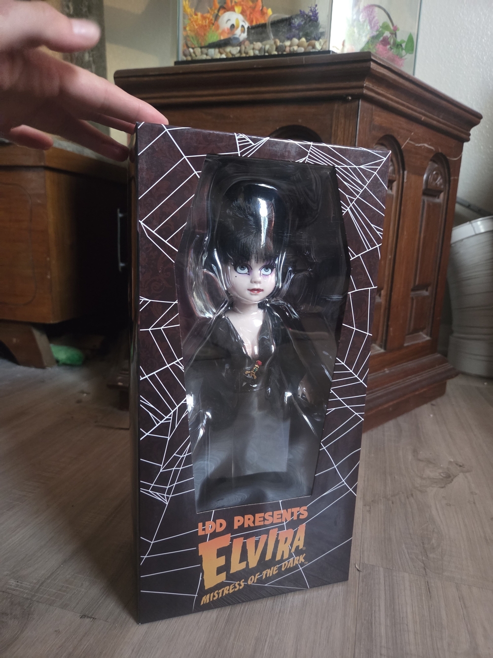 Living Dead Dolls ELVIRA Mistress of the Dark Box Artwork in Burgundy and Orange